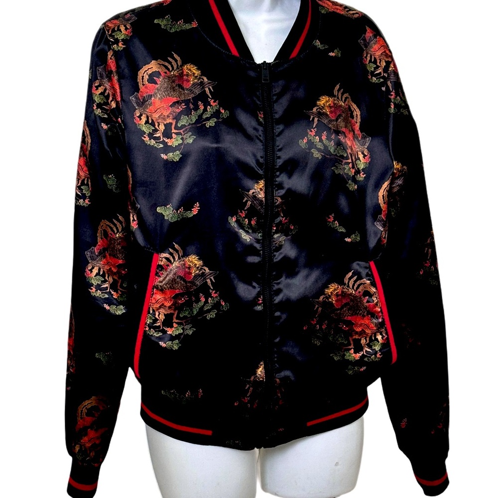 Zara Unisex black satin Chinese printed bomber w striped collar cuff Mens Sm